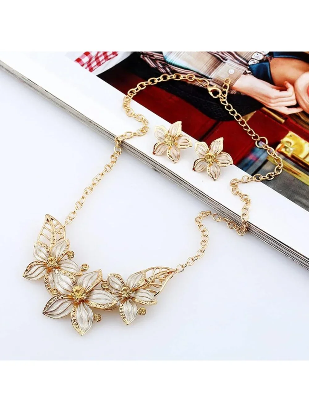 Elegant Crystal Flower Statement Jewelry Set - Gold Plated Necklace & Earrings